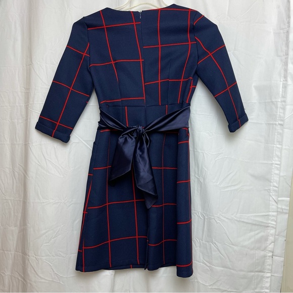 Angel Feng Mod Style Dress 3/4 Cuff Sleeve Sash Tie Back Size Medium Navy Red - Picture 4 of 5